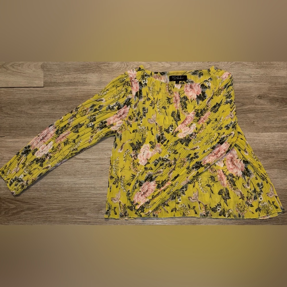 Floral Pleated Long-Sleeve Blouse in Yellow by ROUJE